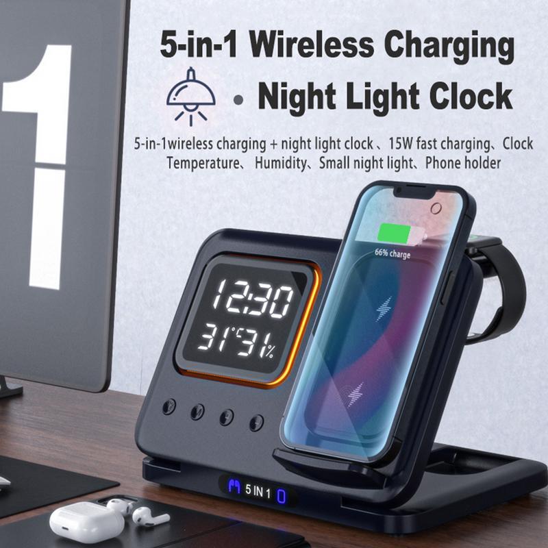 15W Wireless Chargers Stand 5 In1 LED Digital Alarm Clock Fast Charging Dock Station - Big Cart Sky