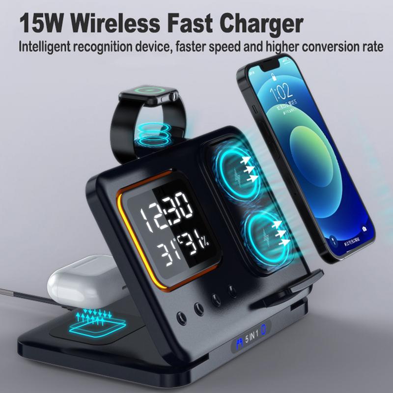 15W Wireless Chargers Stand 5 In1 LED Digital Alarm Clock Fast Charging Dock Station - Big Cart Sky
