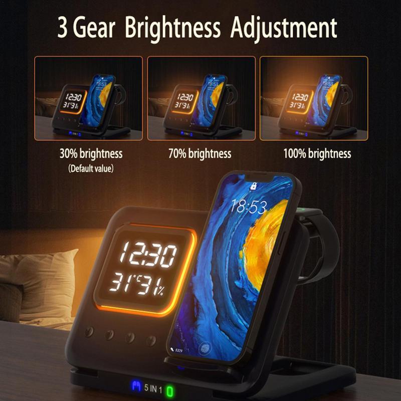 15W Wireless Chargers Stand 5 In1 LED Digital Alarm Clock Fast Charging Dock Station - Big Cart Sky
