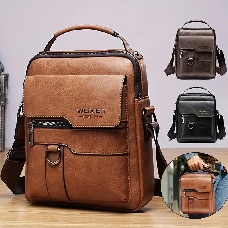 Popular Men's Messenger Bag One Shoulder Retro Business Backpack PU Leather Flaps Crossbody Bags Business Flap Male Solid Travel Bag - Big Cart Sky