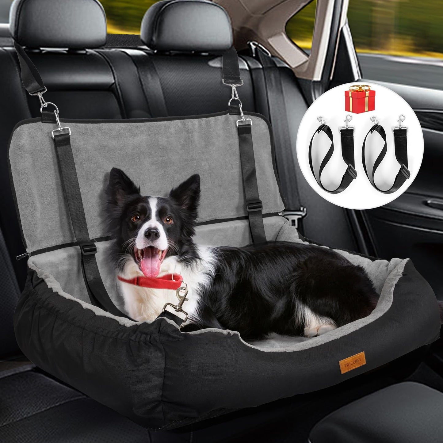 Coral Fleece Dog Booster Seat, Pet Travel Bed With Storage And Clip-on Leash, For Large Dogs 70 Lbs Or 2 Medium,Small Dogs - Big Cart Sky