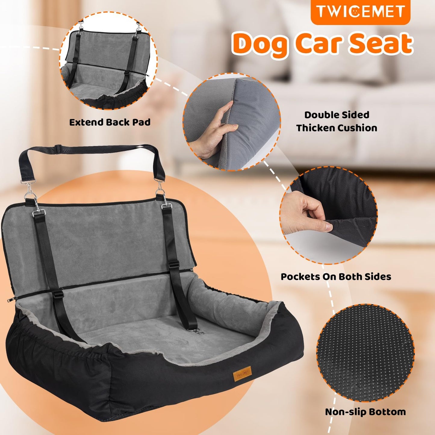 Coral Fleece Dog Booster Seat, Pet Travel Bed With Storage And Clip-on Leash, For Large Dogs 70 Lbs Or 2 Medium,Small Dogs - Big Cart Sky