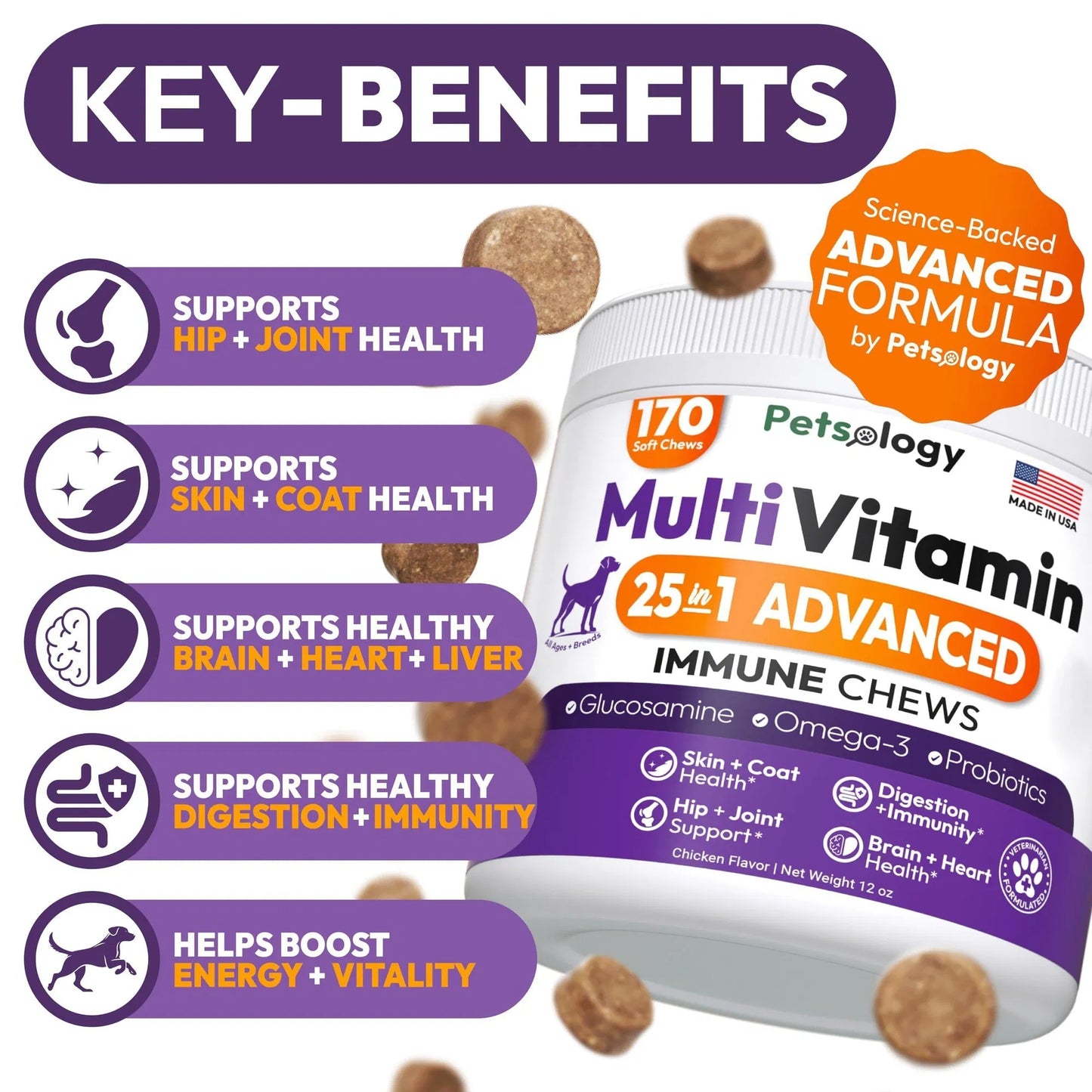 Dog Multivitamin Chewable Dog Vitamins And Supplements With Glucosamine 170 Chews Hip & Joint Pet Immune Support Skin & Coat Gut & Heart Health Senior & Puppy Multivitamin Pet Supplement - Big Cart Sky