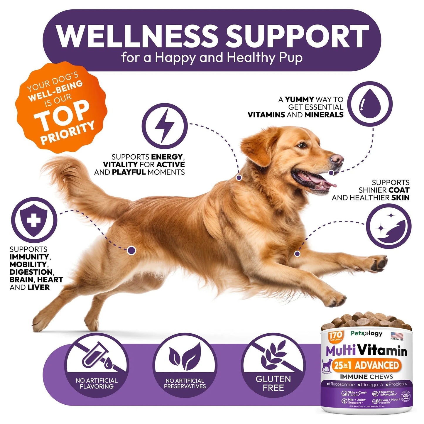 Dog Multivitamin Chewable Dog Vitamins And Supplements With Glucosamine 170 Chews Hip & Joint Pet Immune Support Skin & Coat Gut & Heart Health Senior & Puppy Multivitamin Pet Supplement - Big Cart Sky
