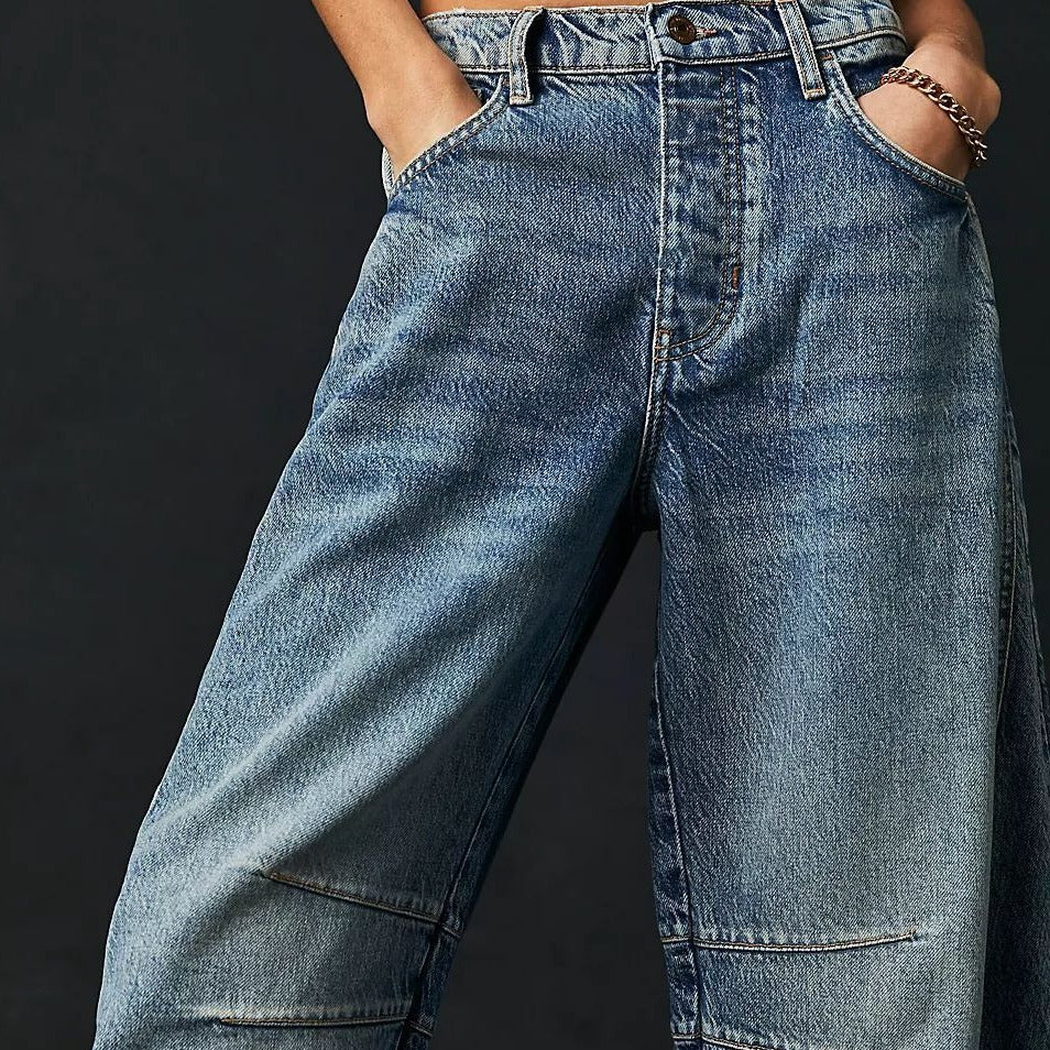 High Stretch Mid-Rise Barrel Jeans Fashion Wide Leg Shape Women Casual Baggy Mid Waist Denim Jeans - Big Cart Sky