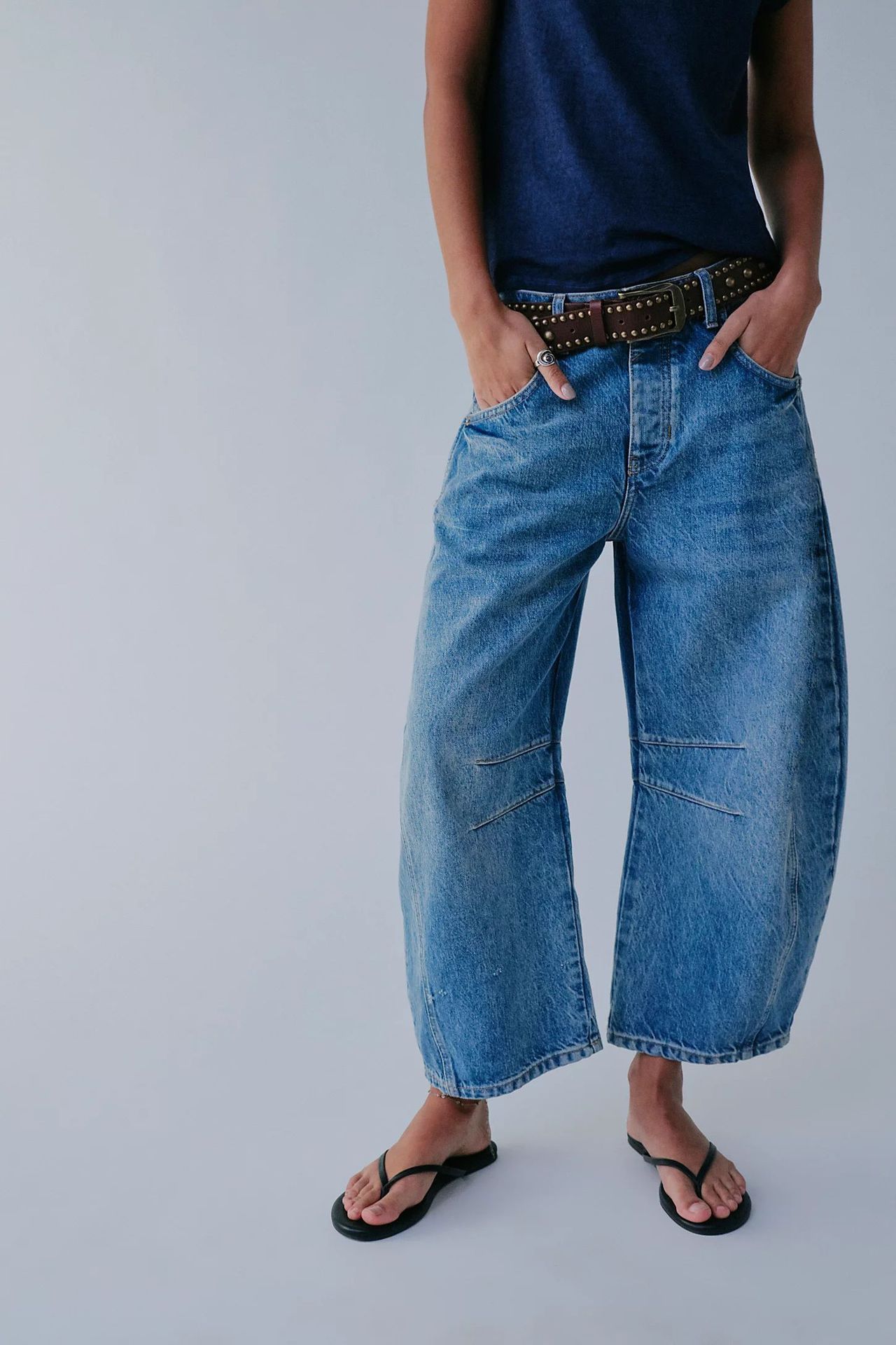 High Stretch Mid-Rise Barrel Jeans Fashion Wide Leg Shape Women Casual Baggy Mid Waist Denim Jeans - Big Cart Sky