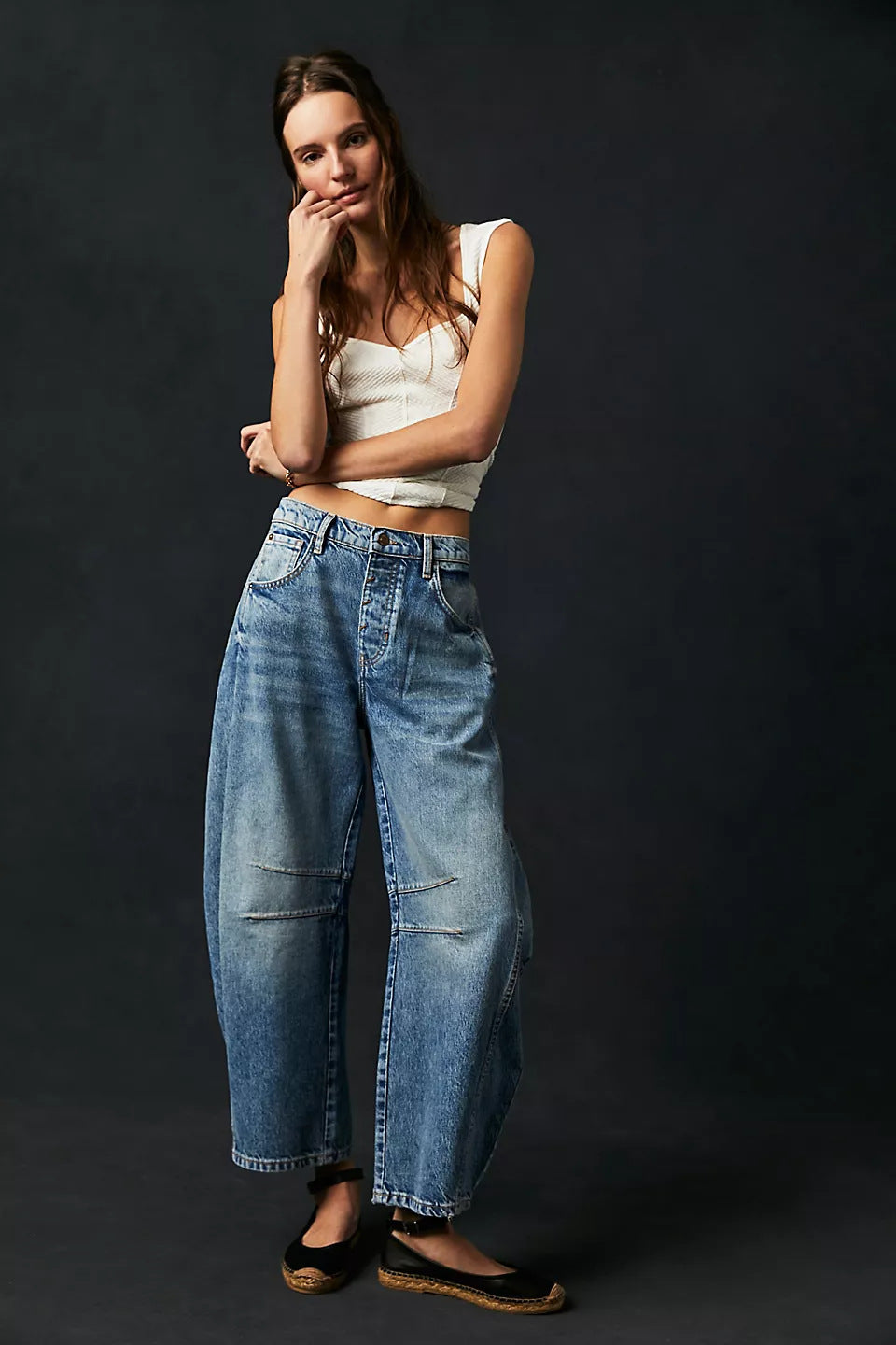 High Stretch Mid-Rise Barrel Jeans Fashion Wide Leg Shape Women Casual Baggy Mid Waist Denim Jeans - Big Cart Sky