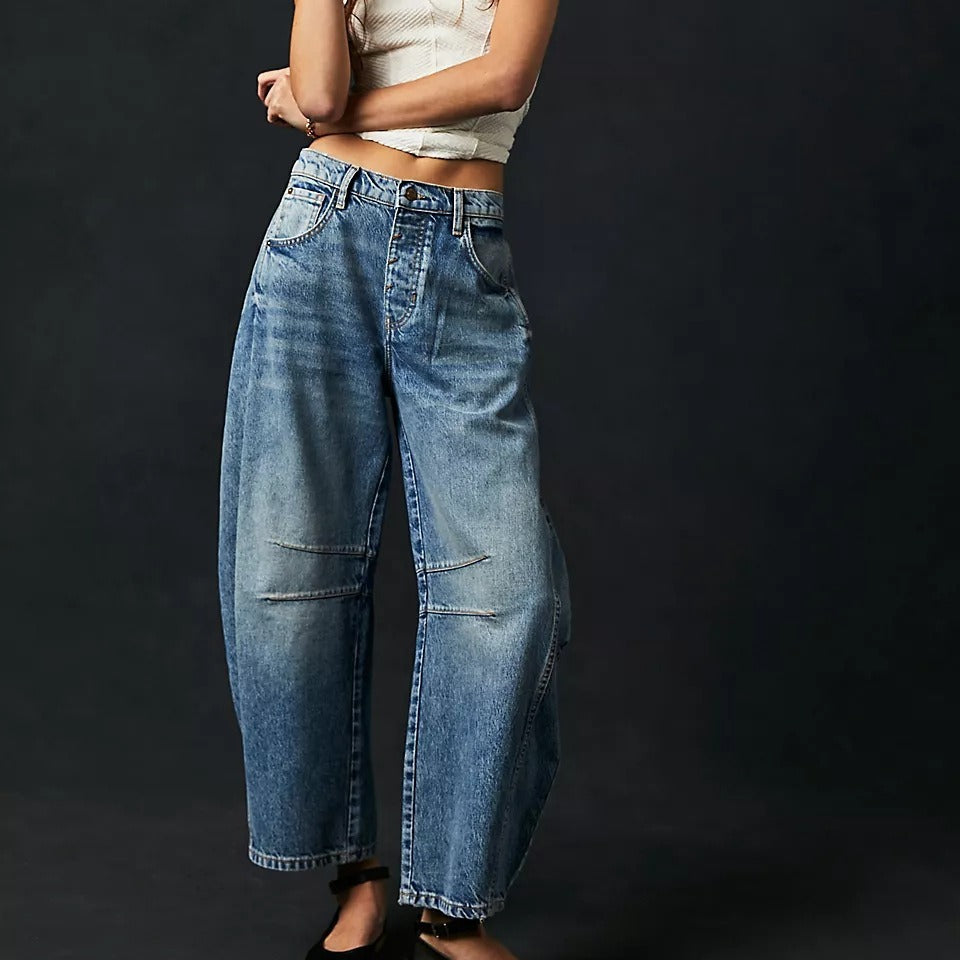 High Stretch Mid-Rise Barrel Jeans Fashion Wide Leg Shape Women Casual Baggy Mid Waist Denim Jeans - Big Cart Sky