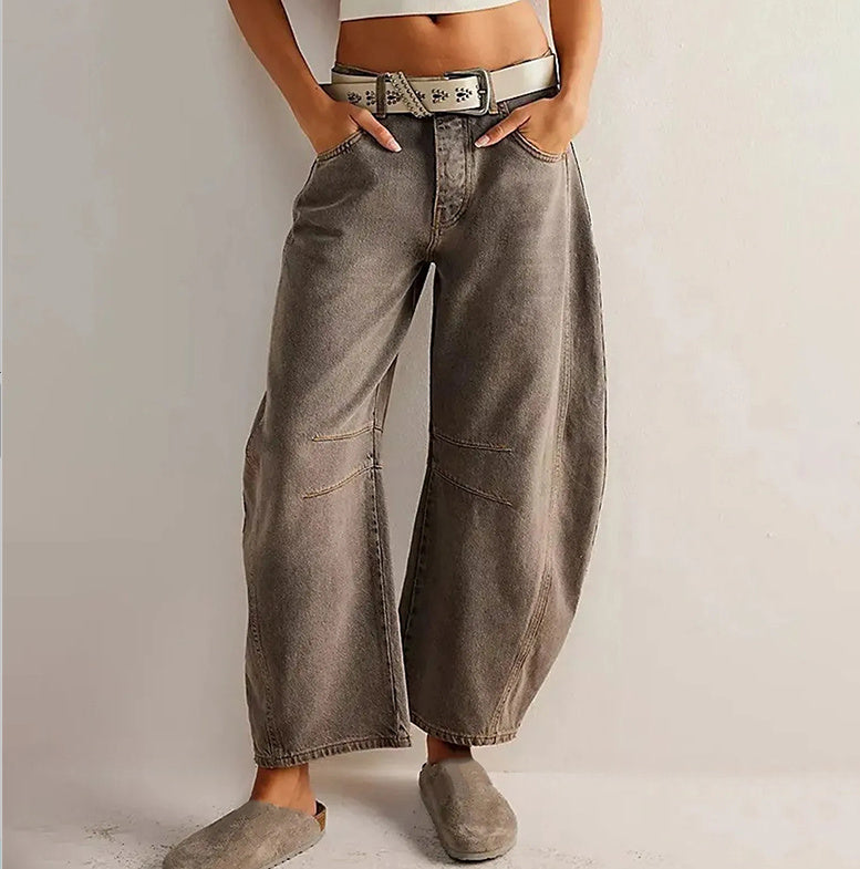 High Stretch Mid-Rise Barrel Jeans Fashion Wide Leg Shape Women Casual Baggy Mid Waist Denim Jeans - Big Cart Sky