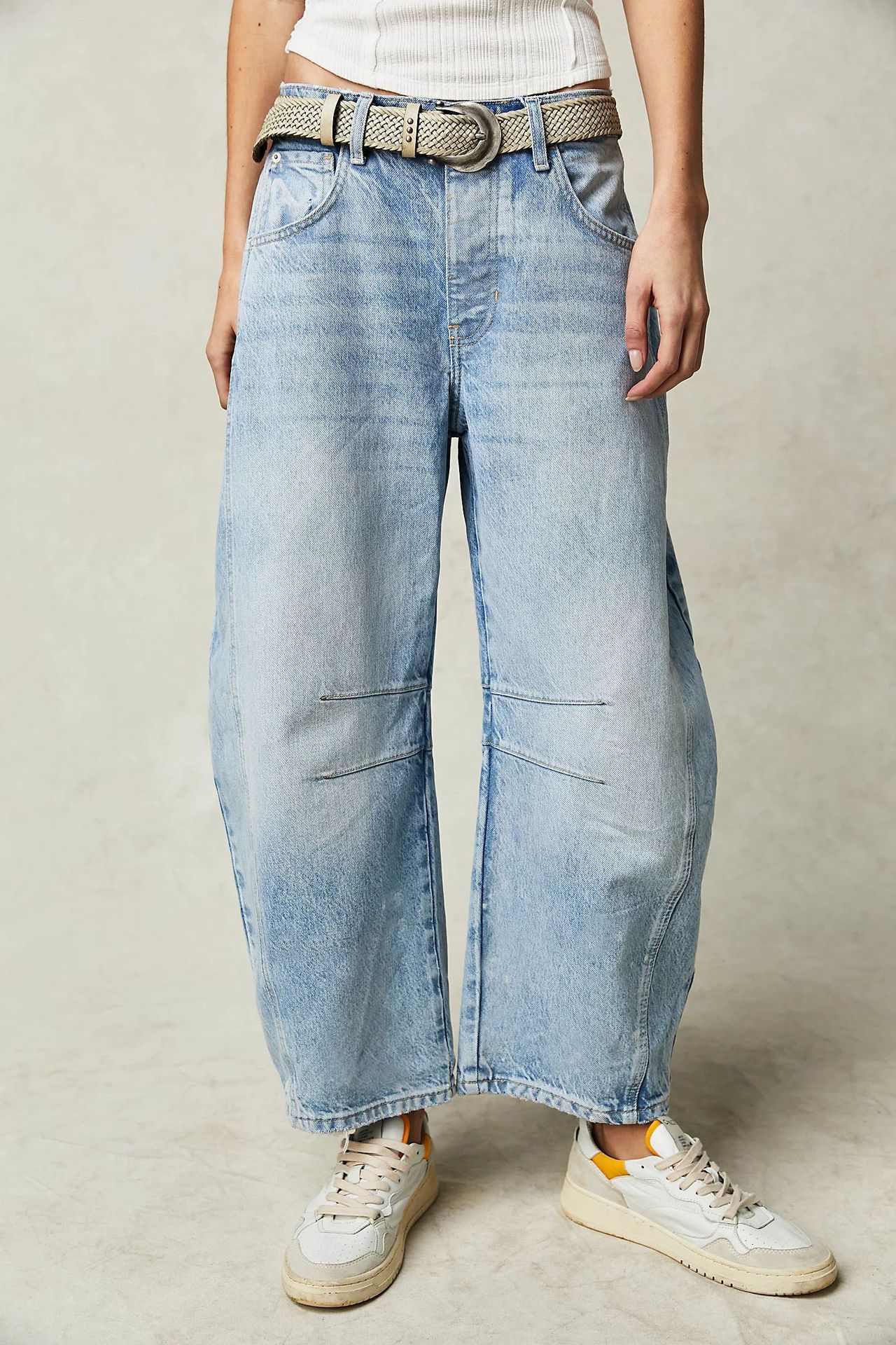 High Stretch Mid-Rise Barrel Jeans Fashion Wide Leg Shape Women Casual Baggy Mid Waist Denim Jeans - Big Cart Sky