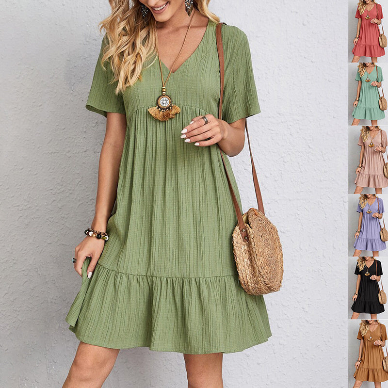 V-neck Short Sleeve Dress Summer Fashion Casual Loose Ruffled Dresses Beach Clothing Women - Big Cart Sky