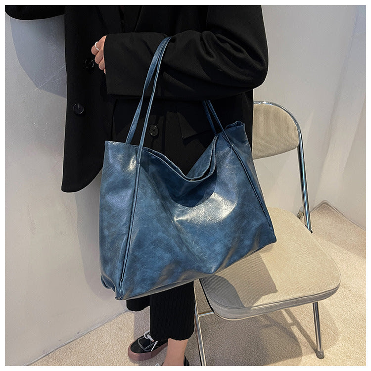 Vintage Women's Tote Bag Athletic Casual Fashion Large Capacity Leather Shoulder Bag Shopper Harajuku Simple Handbag - Big Cart Sky