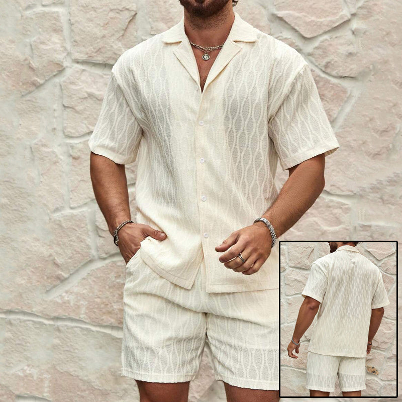 Men Tracksuits Summer Fashion Solid Loose Casual Two Pieces Lapel Button Shirt Shorts Beach Holiday All-match Outfits Male - Big Cart Sky
