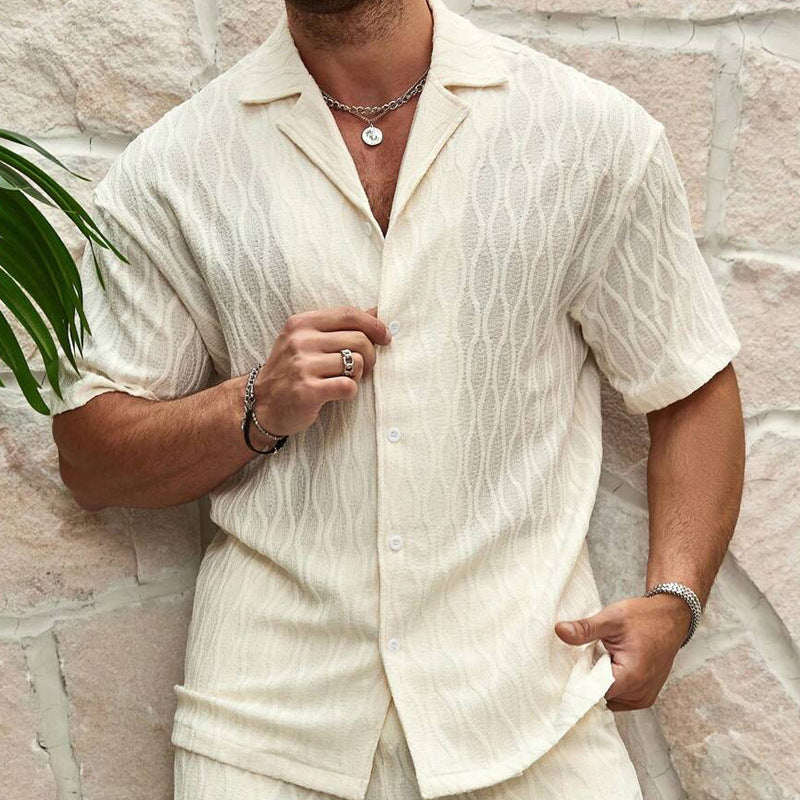 Men Tracksuits Summer Fashion Solid Loose Casual Two Pieces Lapel Button Shirt Shorts Beach Holiday All-match Outfits Male - Big Cart Sky