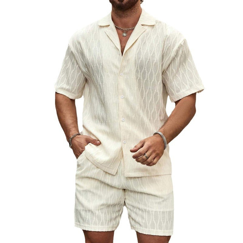Men Tracksuits Summer Fashion Solid Loose Casual Two Pieces Lapel Button Shirt Shorts Beach Holiday All-match Outfits Male - Big Cart Sky