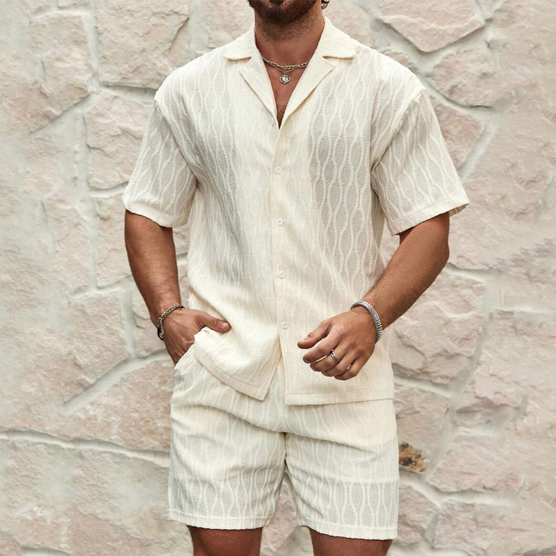 Men Tracksuits Summer Fashion Solid Loose Casual Two Pieces Lapel Button Shirt Shorts Beach Holiday All-match Outfits Male - Big Cart Sky