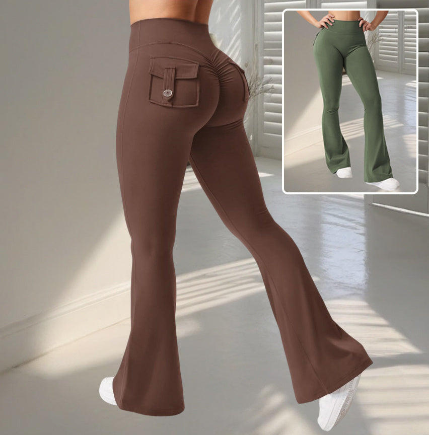 Yoga Fitness Flared Pants With Pockets Ins Fashion Slim High Waist Sports Trousers Scrunch Butt Booty Workout Lifting Leggings - Big Cart Sky