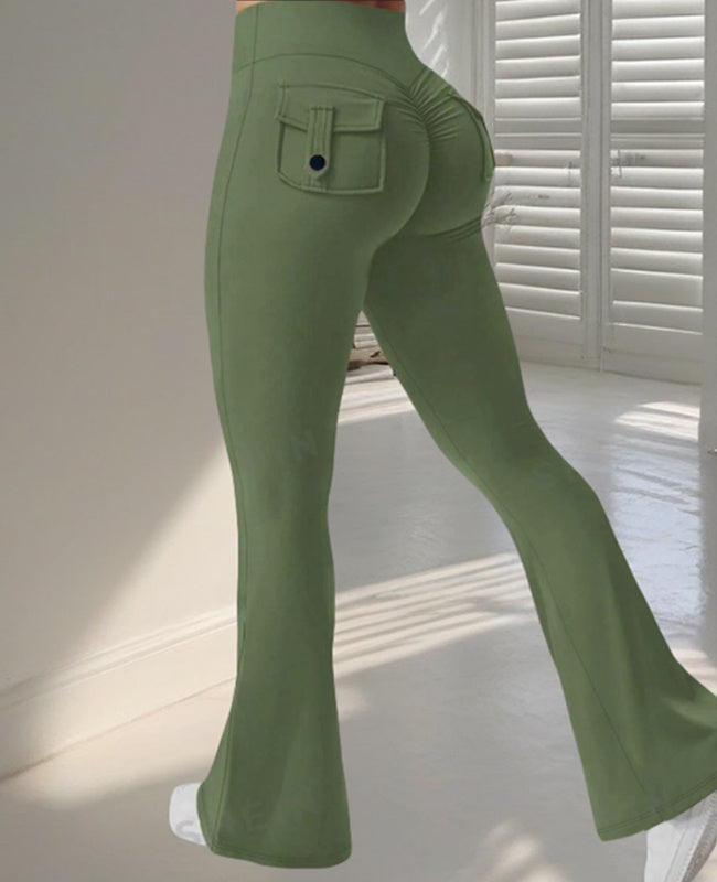 Yoga Fitness Flared Pants With Pockets Ins Fashion Slim High Waist Sports Trousers Scrunch Butt Booty Workout Lifting Leggings - Big Cart Sky