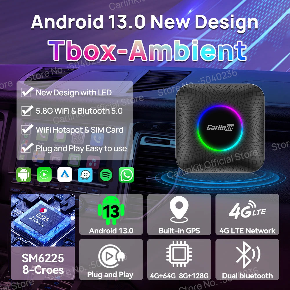 2025 CarlinKit CarPlay AI Box Android 13.0 SM6225 QCM6125 Android Auto Wireless CarPlay Adapter 2.4+5GGPS 64G 128G FOTA Upgrade - Big Cart Sky