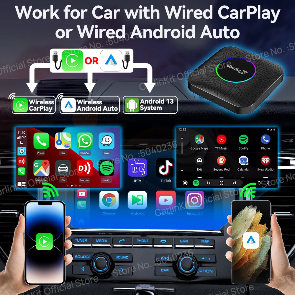2025 CarlinKit CarPlay AI Box Android 13.0 SM6225 QCM6125 Android Auto Wireless CarPlay Adapter 2.4+5GGPS 64G 128G FOTA Upgrade - Big Cart Sky