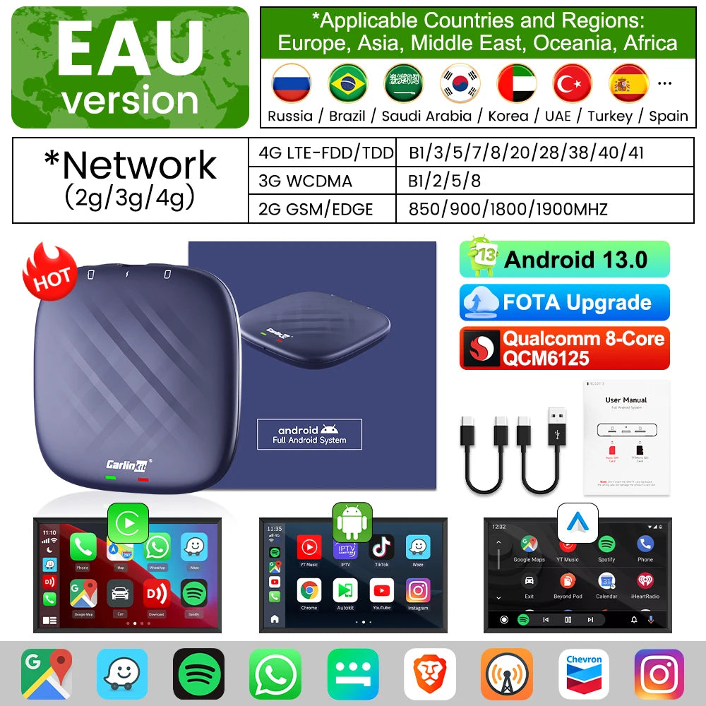 2025 CarlinKit CarPlay AI Box Android 13.0 SM6225 QCM6125 Android Auto Wireless CarPlay Adapter 2.4+5GGPS 64G 128G FOTA Upgrade - Big Cart Sky