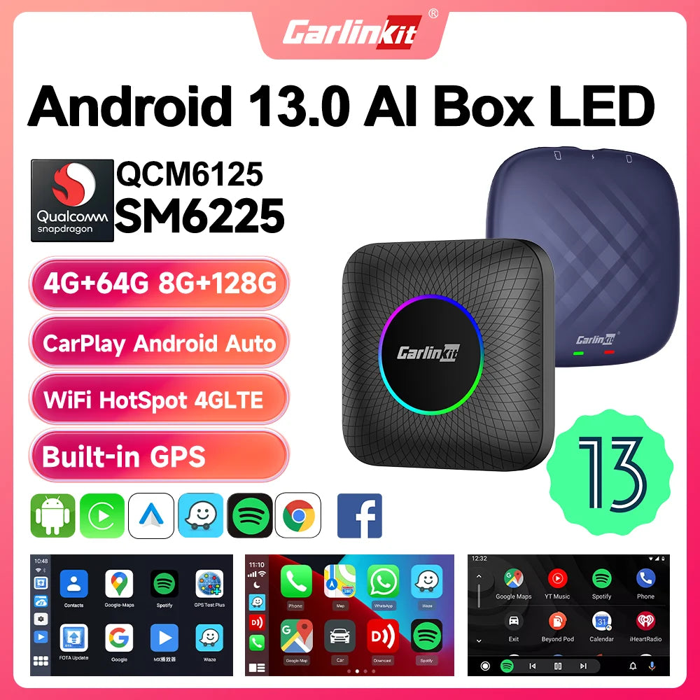 2025 CarlinKit CarPlay AI Box Android 13.0 SM6225 QCM6125 Android Auto Wireless CarPlay Adapter 2.4+5GGPS 64G 128G FOTA Upgrade - Big Cart Sky