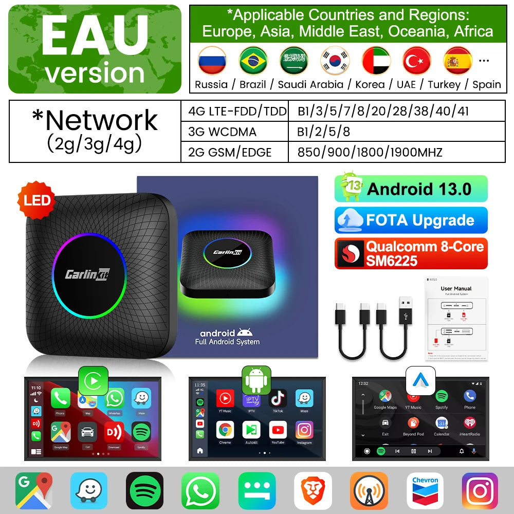 2025 CarlinKit CarPlay AI Box Android 13.0 SM6225 QCM6125 Android Auto Wireless CarPlay Adapter 2.4+5GGPS 64G 128G FOTA Upgrade - Big Cart Sky