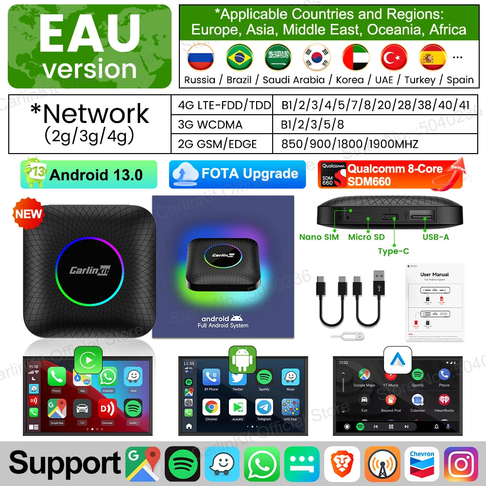 2025 CarlinKit CarPlay AI Box Android 13.0 SM6225 QCM6125 Android Auto Wireless CarPlay Adapter 2.4+5GGPS 64G 128G FOTA Upgrade - Big Cart Sky