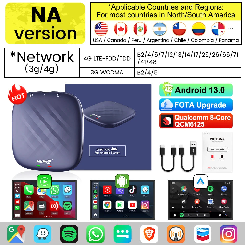 2025 CarlinKit CarPlay AI Box Android 13.0 SM6225 QCM6125 Android Auto Wireless CarPlay Adapter 2.4+5GGPS 64G 128G FOTA Upgrade - Big Cart Sky