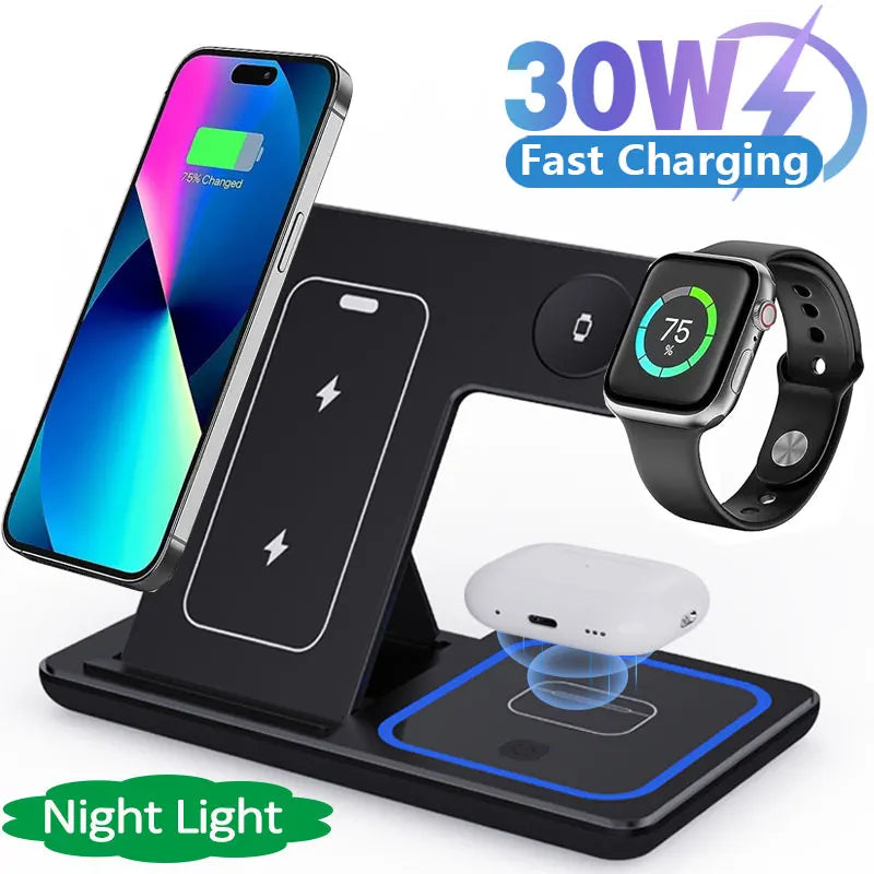 15W 3 In 1 LED Fast Wireless Charger Stand Foldable Charging Station For Smart Phone 15 14 13 12 11 IWatch 9 8 7 6 5 Airpods Pro - Big Cart Sky