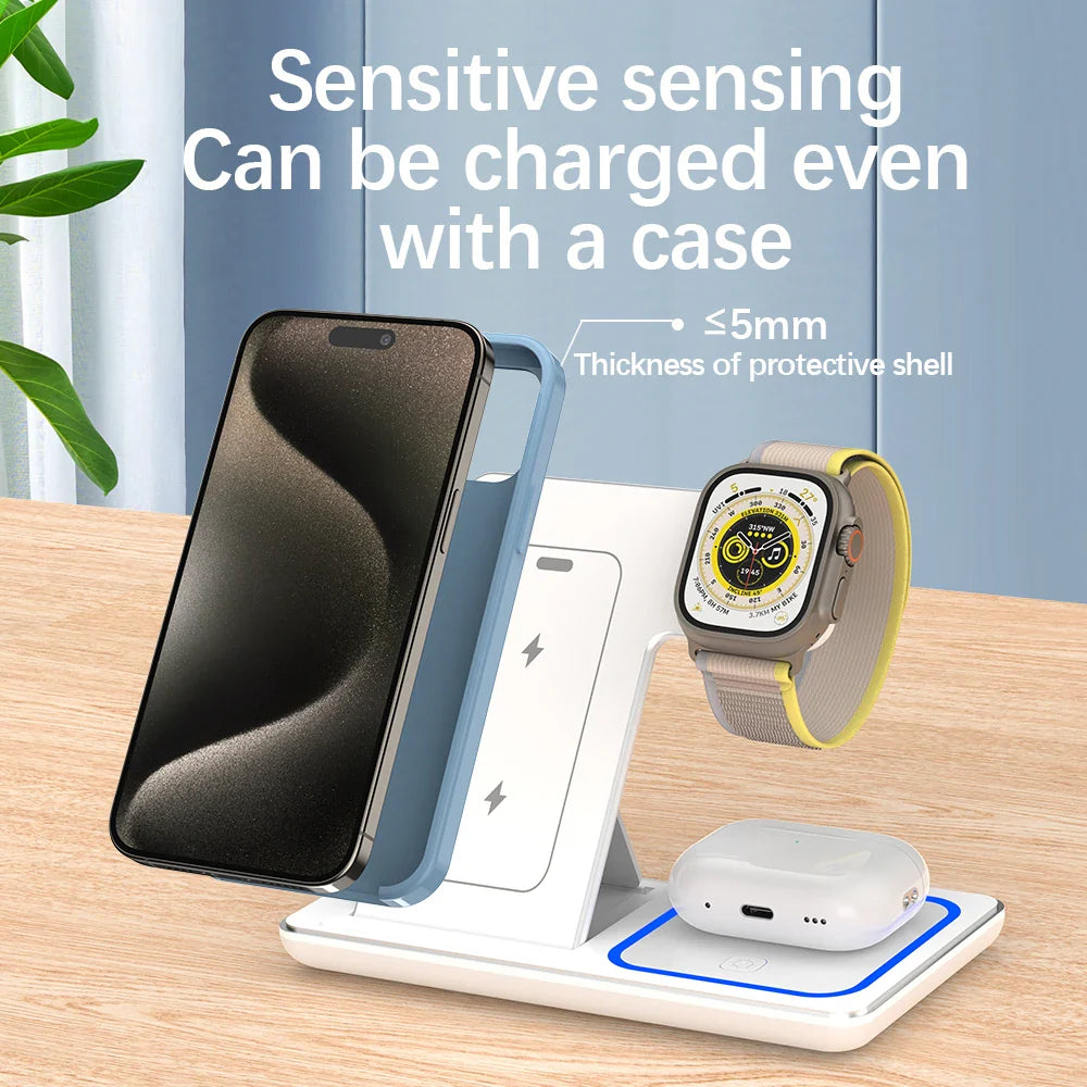 15W 3 In 1 LED Fast Wireless Charger Stand Foldable Charging Station For Smart Phone 15 14 13 12 11 IWatch 9 8 7 6 5 Airpods Pro - Big Cart Sky