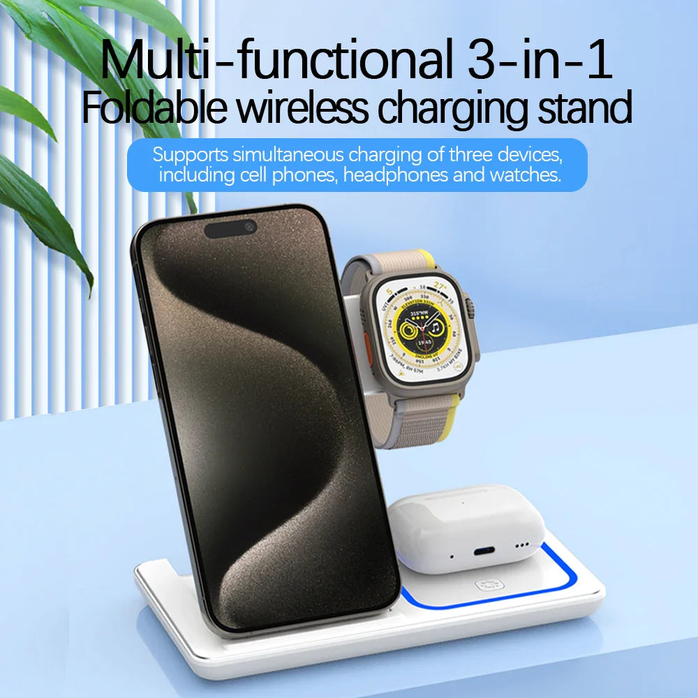 15W 3 In 1 LED Fast Wireless Charger Stand Foldable Charging Station For Smart Phone 15 14 13 12 11 IWatch 9 8 7 6 5 Airpods Pro - Big Cart Sky