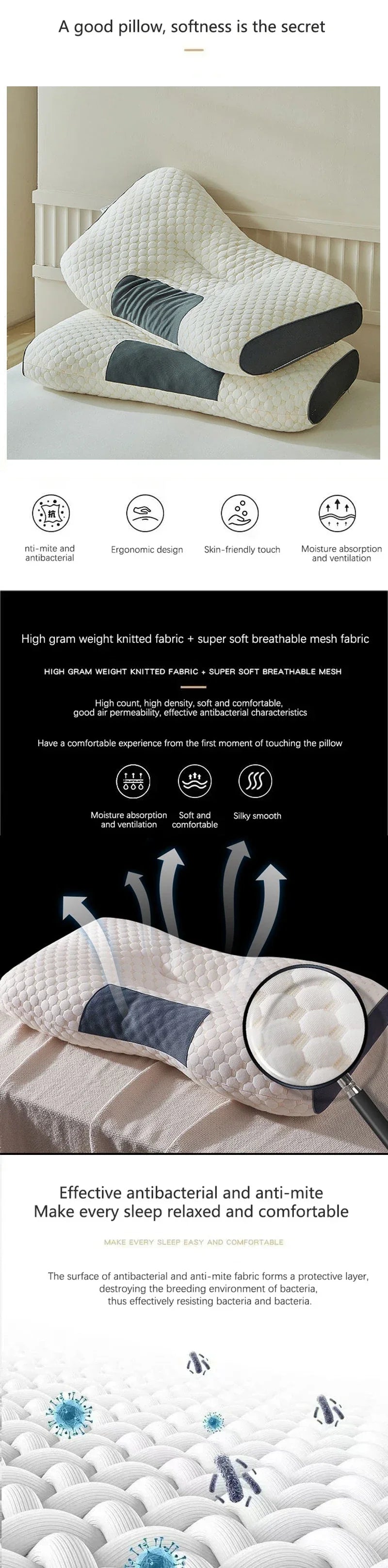 Cervical Support Orthopedic Neck Pillow with 3D Massage & Antibacterial Breathable Mesh - Big Cart Sky