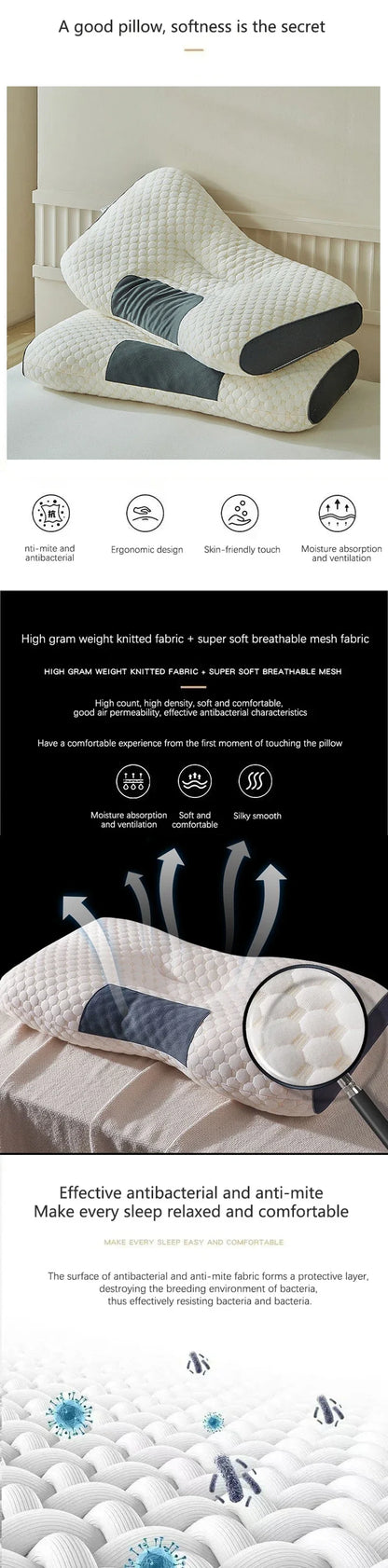 Cervical Support Orthopedic Neck Pillow with 3D Massage & Antibacterial Breathable Mesh - Big Cart Sky