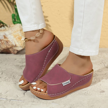 Summer Wedge Slides Slippers Fashion Fish Mouth Thick Bottom Roman Shoes Solid Color Beach Sandals For Women - Big Cart Sky