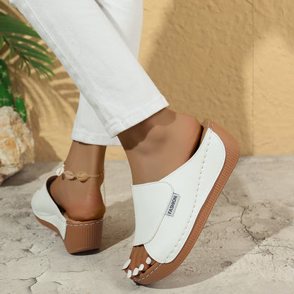 Summer Wedge Slides Slippers Fashion Fish Mouth Thick Bottom Roman Shoes Solid Color Beach Sandals For Women - Big Cart Sky