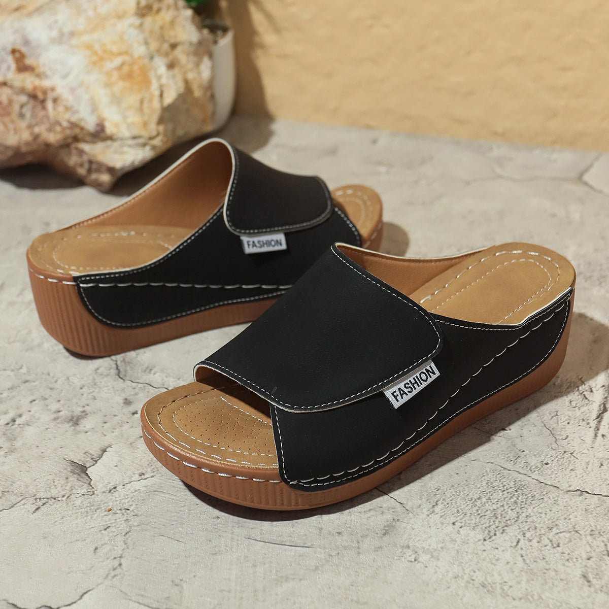 Summer Wedge Slides Slippers Fashion Fish Mouth Thick Bottom Roman Shoes Solid Color Beach Sandals For Women - Big Cart Sky
