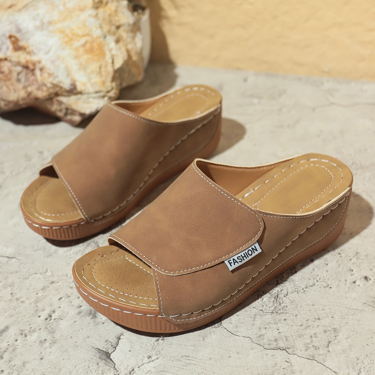 Summer Wedge Slides Slippers Fashion Fish Mouth Thick Bottom Roman Shoes Solid Color Beach Sandals For Women - Big Cart Sky