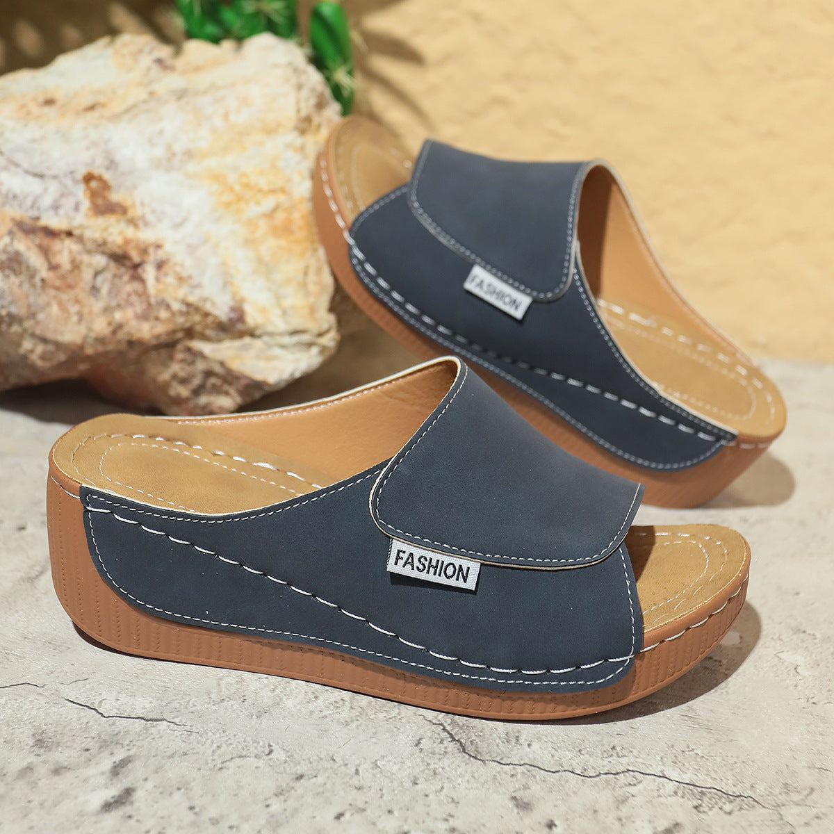 Summer Wedge Slides Slippers Fashion Fish Mouth Thick Bottom Roman Shoes Solid Color Beach Sandals For Women - Big Cart Sky