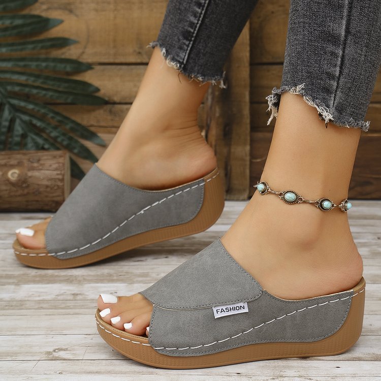 Summer Wedge Slides Slippers Fashion Fish Mouth Thick Bottom Roman Shoes Solid Color Beach Sandals For Women - Big Cart Sky