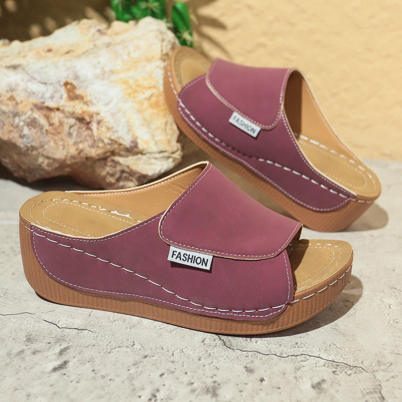 Summer Wedge Slides Slippers Fashion Fish Mouth Thick Bottom Roman Shoes Solid Color Beach Sandals For Women - Big Cart Sky