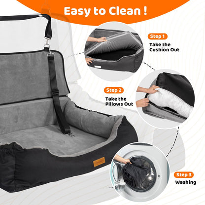 Coral Fleece Dog Booster Seat, Pet Travel Bed With Storage And Clip-on Leash, For Large Dogs 70 Lbs Or 2 Medium,Small Dogs - Big Cart Sky