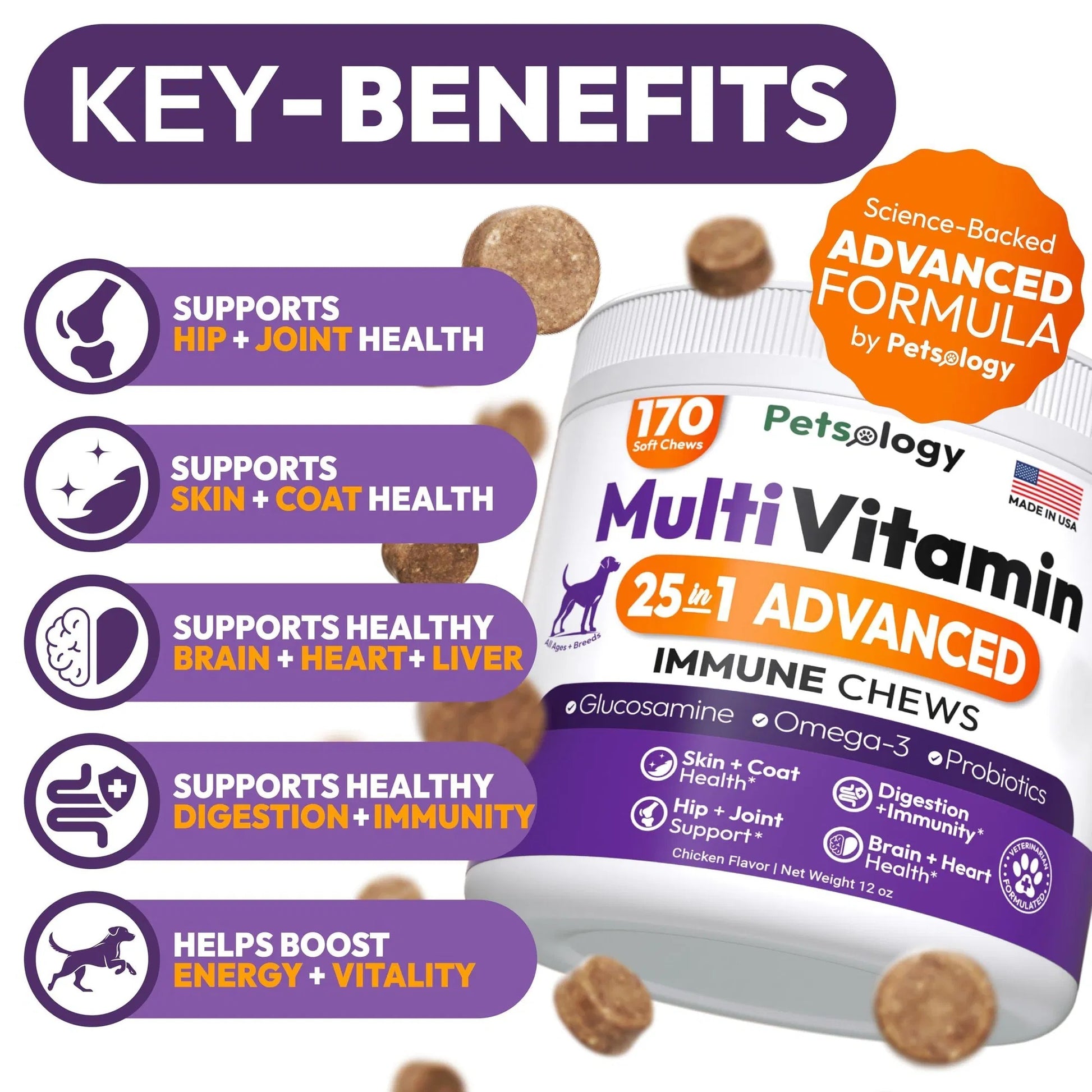 Dog Multivitamin Chewable Dog Vitamins And Supplements With Glucosamine 170 Chews Hip & Joint Pet Immune Support Skin & Coat Gut & Heart Health Senior & Puppy Multivitamin Pet Supplement - Big Cart Sky