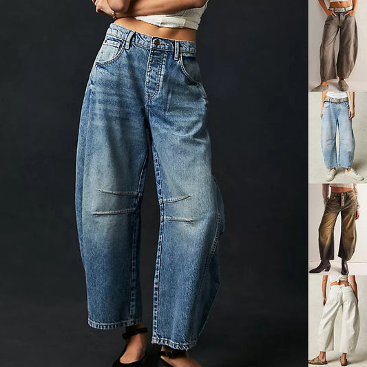 High Stretch Mid-Rise Barrel Jeans Fashion Wide Leg Shape Women Casual Baggy Mid Waist Denim Jeans - Big Cart Sky