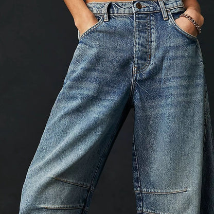 High Stretch Mid-Rise Barrel Jeans Fashion Wide Leg Shape Women Casual Baggy Mid Waist Denim Jeans - Big Cart Sky