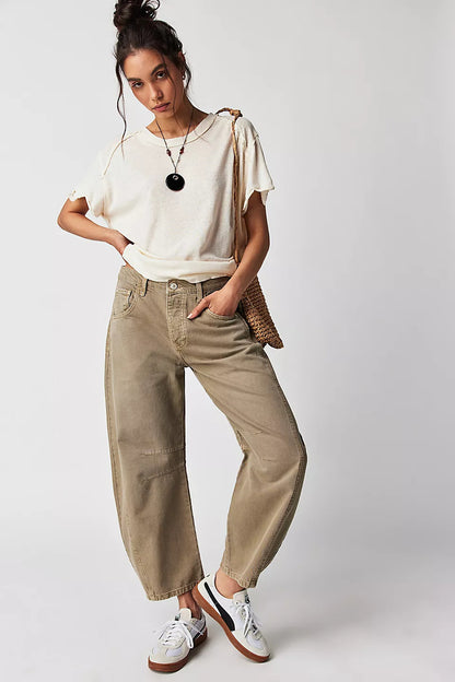 High Stretch Mid-Rise Barrel Jeans Fashion Wide Leg Shape Women Casual Baggy Mid Waist Denim Jeans - Big Cart Sky