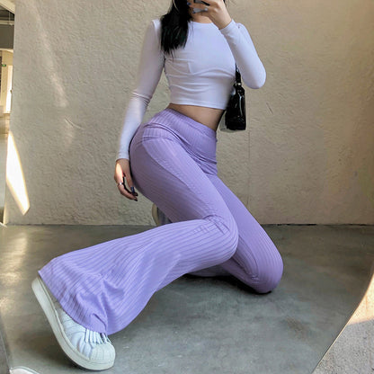Women's Fashion Solid Color Tight-fitting High-waist Micro-cut Stretch Casual Trousers - Big Cart Sky