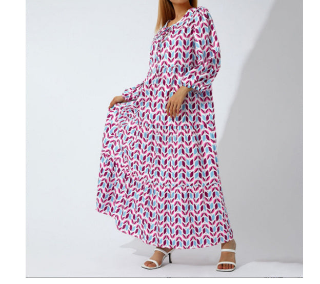 Summer Women's Vintage Printed Bohemian Dress Elegant Ladies Casual Loose V-Neck Short Sleeve Long Dresses - Big Cart Sky