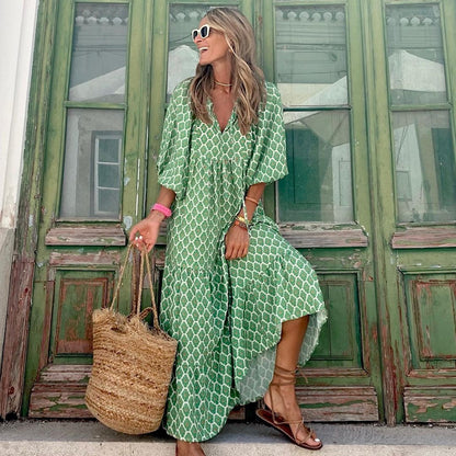 Summer Women's Vintage Printed Bohemian Dress Elegant Ladies Casual Loose V-Neck Short Sleeve Long Dresses - Big Cart Sky