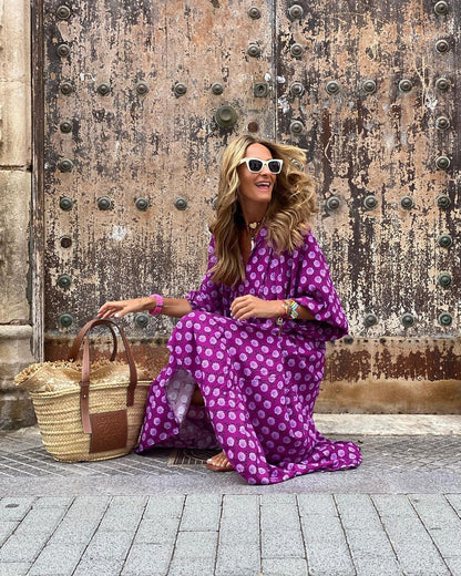 Summer Women's Vintage Printed Bohemian Dress Elegant Ladies Casual Loose V-Neck Short Sleeve Long Dresses - Big Cart Sky